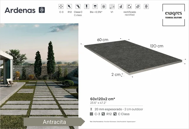 Террасные пластины Terraslab Ardenas Antracita Base C3/R12 Antislip 600х1200х20мм